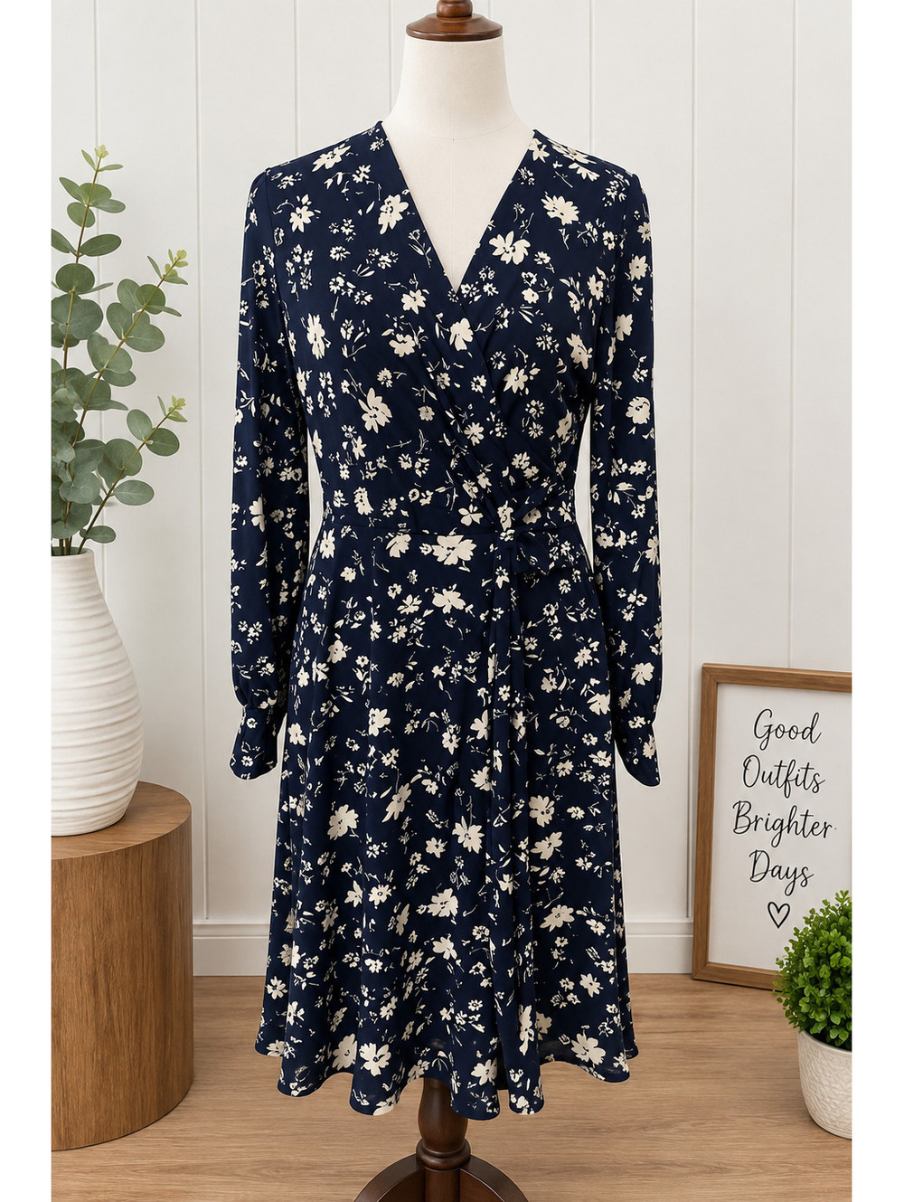 Size Large Kaileigh Navy Floral Faux Wrap Dress